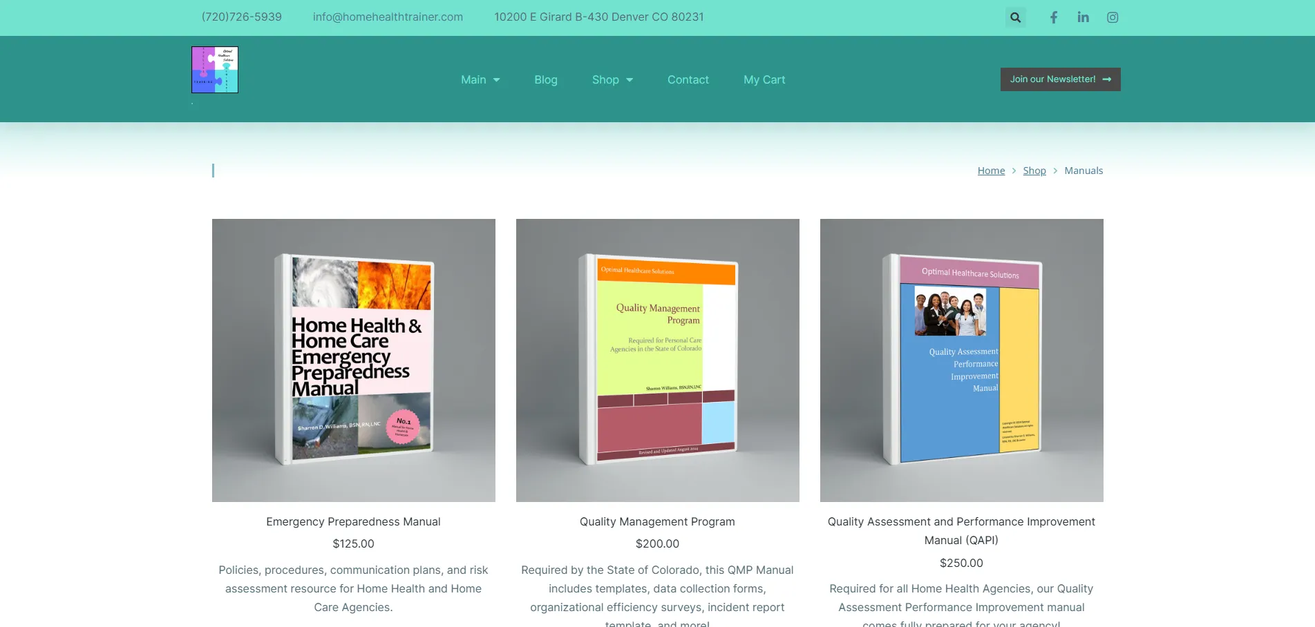 The shop page, with policy manuals laid out as products with prices
